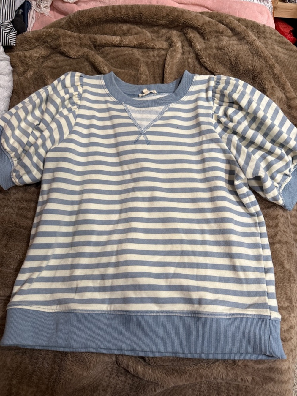 Blue and white striped puff sleeve blouse.